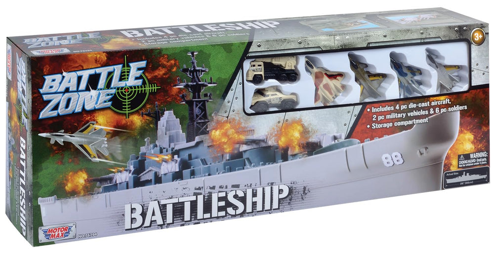 Motormax USS Giant Battleship set includes plastic soldiers for fleet formations.