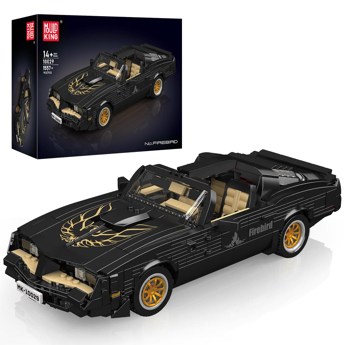 Mould King 10029 car model, front view, retro styling for display collection.