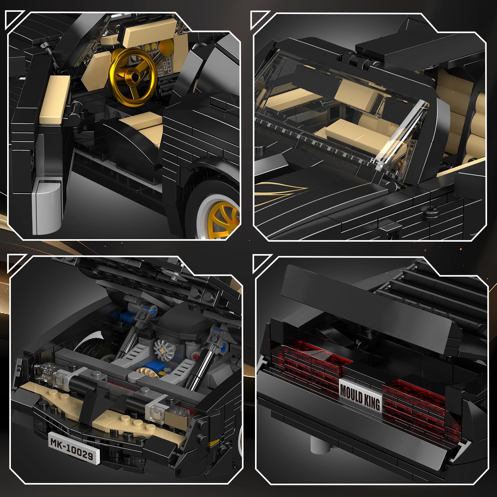 Mould King 10029 car model interior details, engineering-inspired craftsmanship for display.