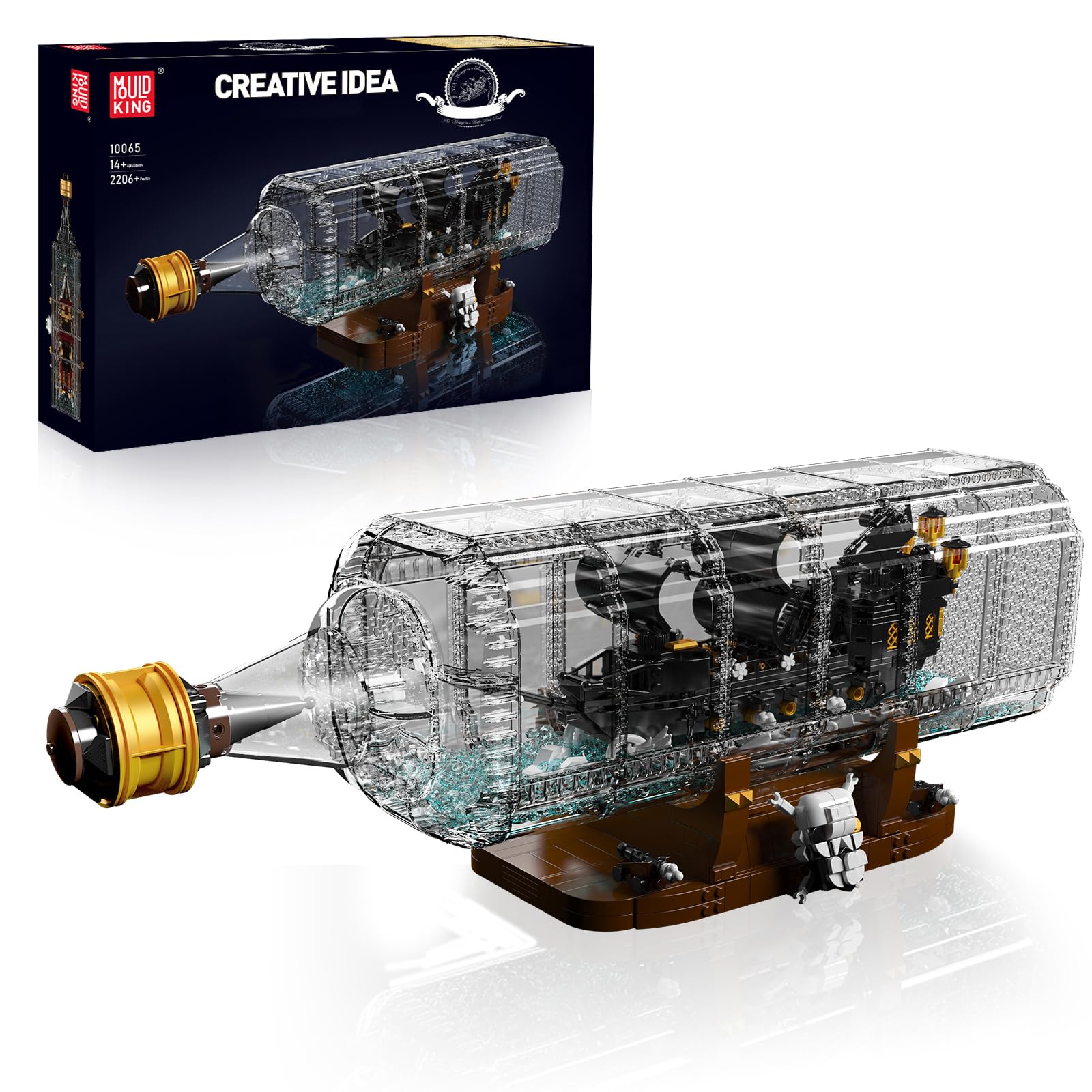 Mould King 10065 drift bottle with Black Pearl Ship as a stunning display piece