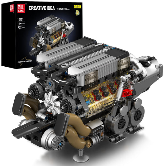 Mould King 10131 W16 engine assembly shows detailed V16-like layout for hands-on learning