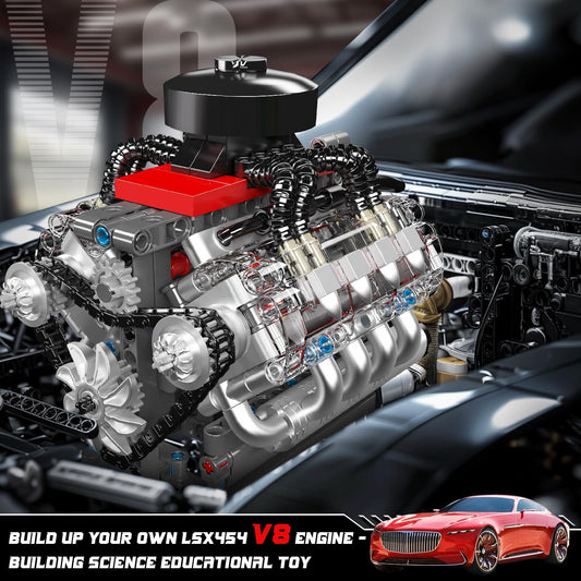 Mould King 10171 V8 transparent cylinder head highlights internal mechanics