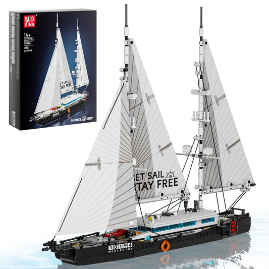 Mould King 10194 twin-mast sailboat exterior view for display and hands-on learning.