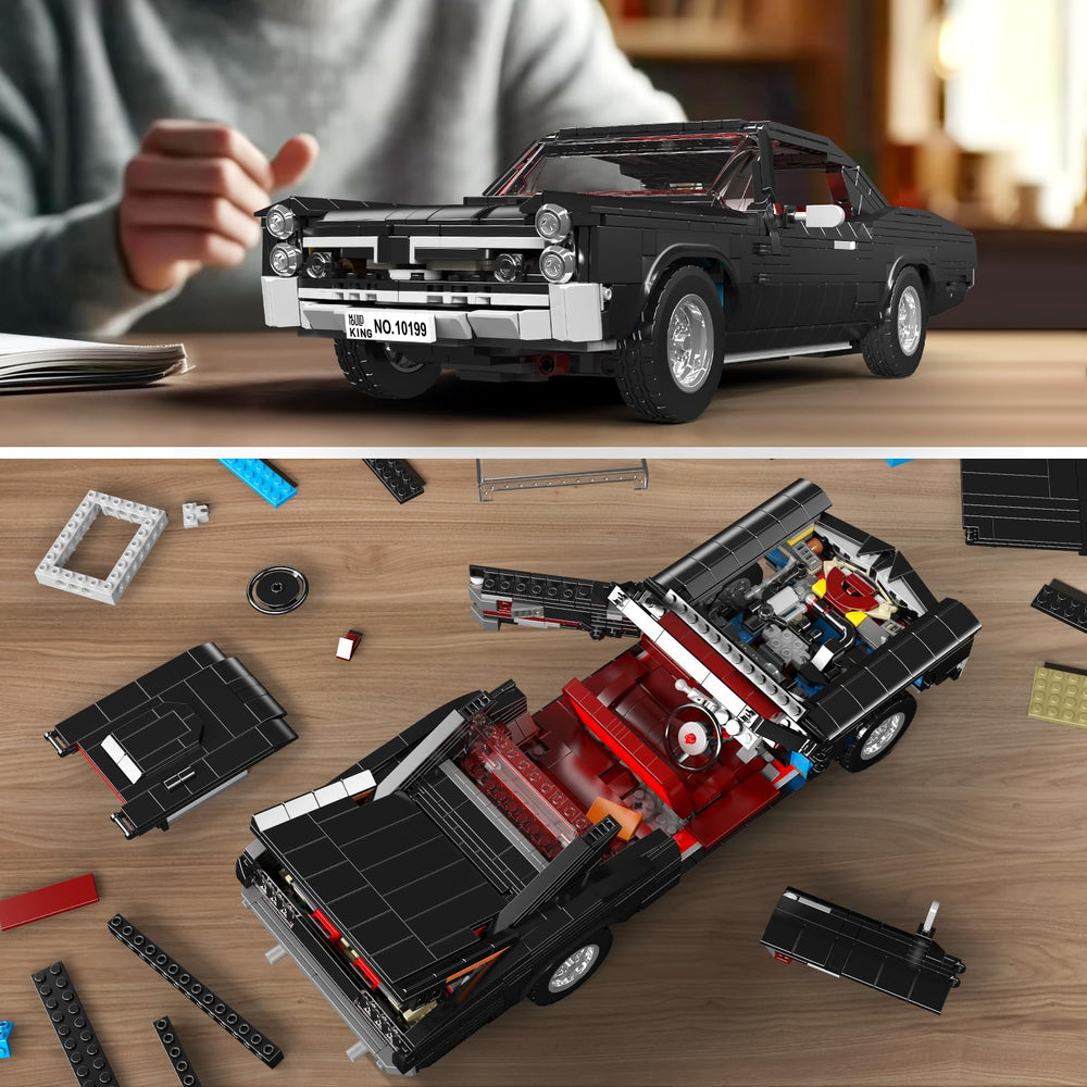Mould King 10199 car model kit rear engine compartment access for display.