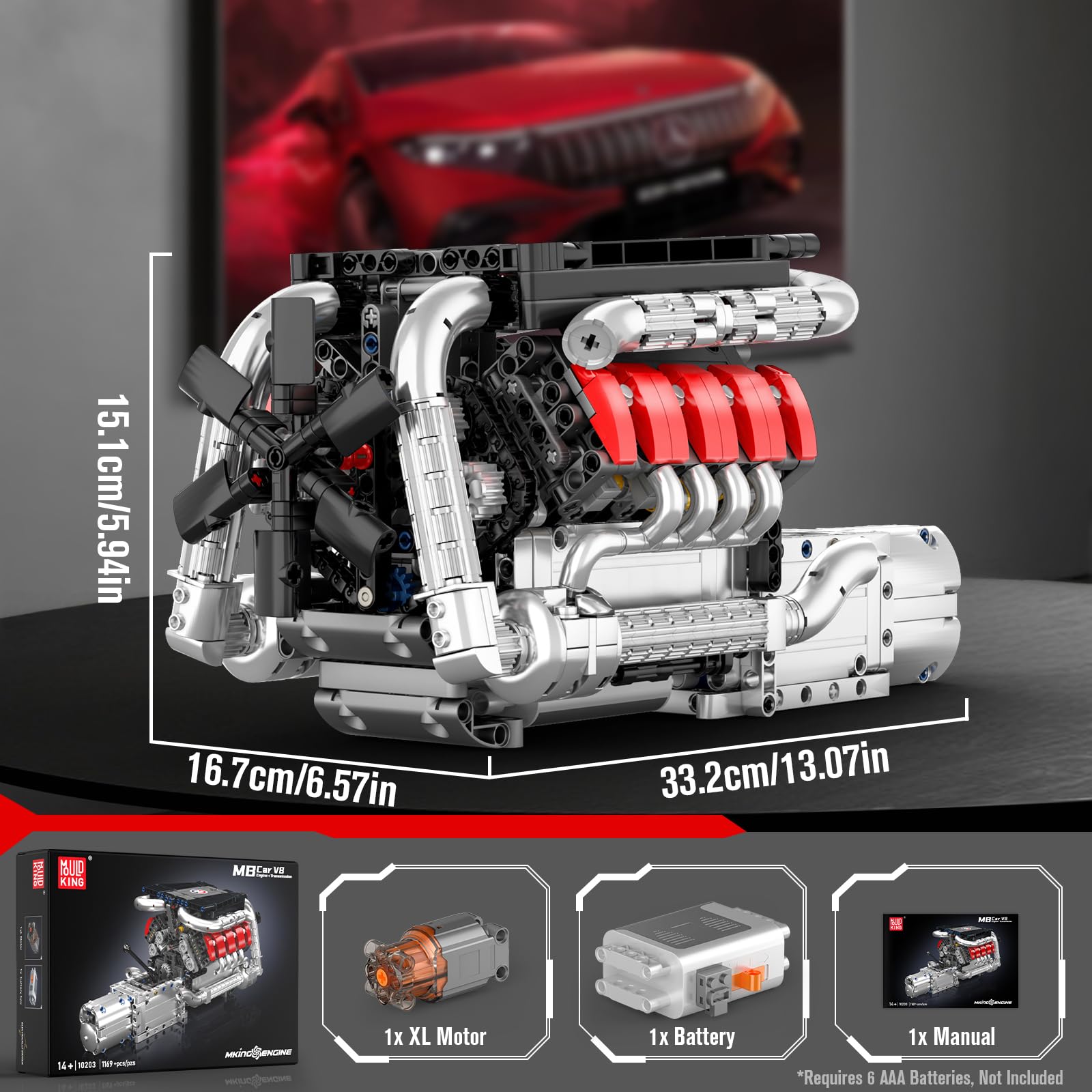 Mould King 10203 V8 engine battery box for powered display.