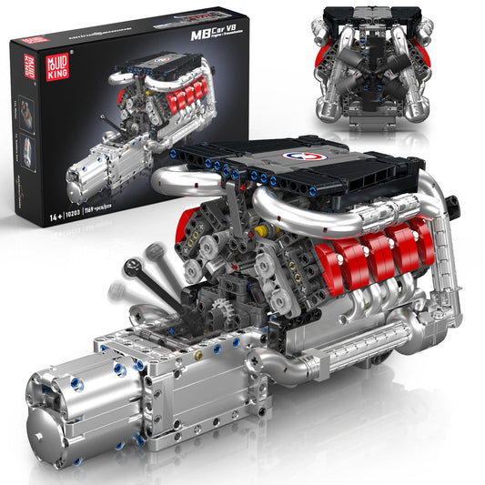 Mould King 10203 V8 engine cylinder block detailed for display.