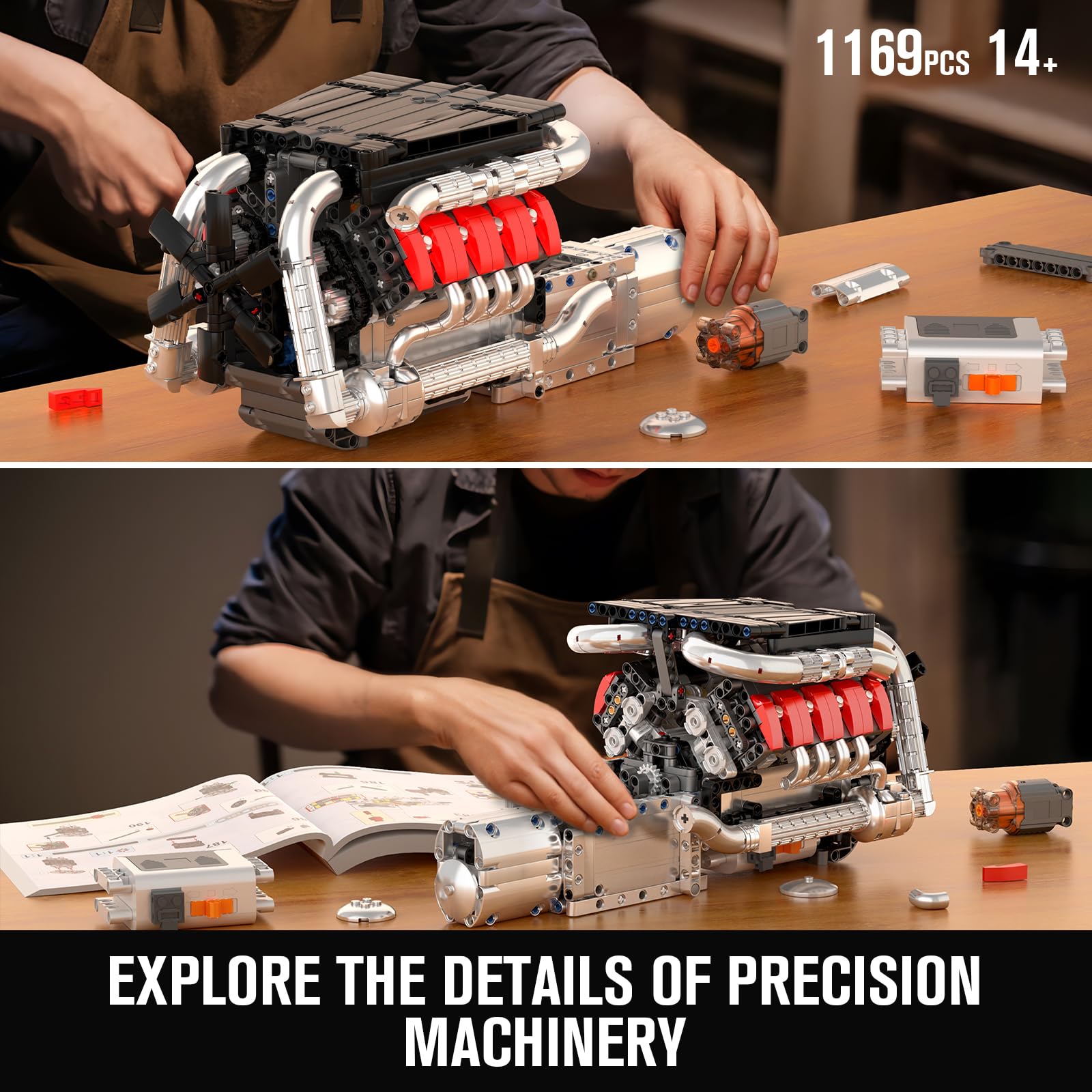 Mould King 10203 V8 engine metallic finish ideal for collectors.