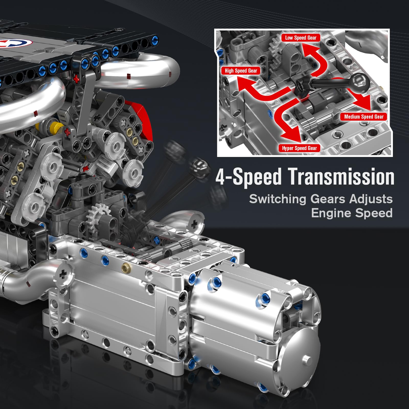 Mould King 10203 V8 engine piston dynamics in action.