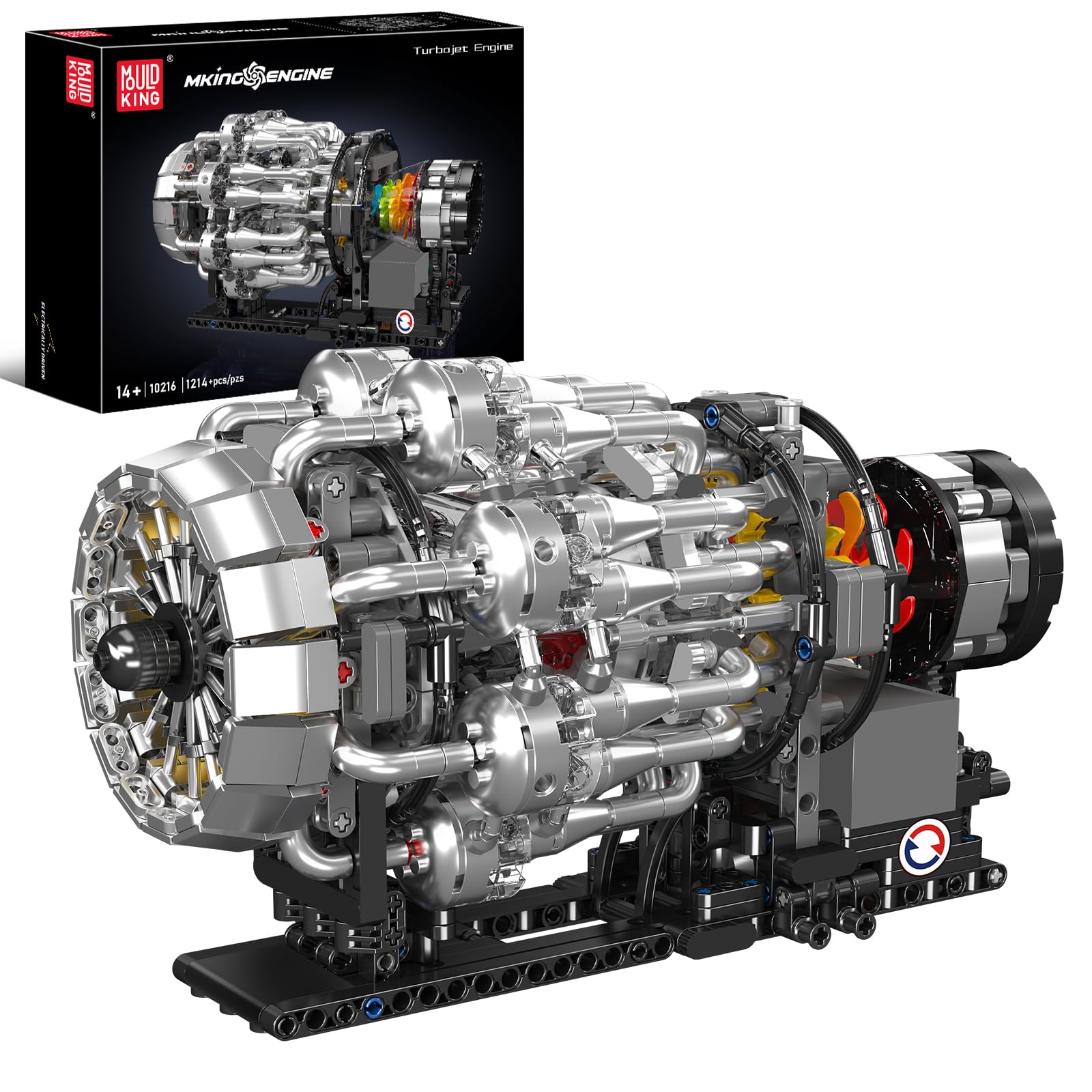 Mould King 10216 turbojet engine kit assembly showing vibrant parts for a smooth build