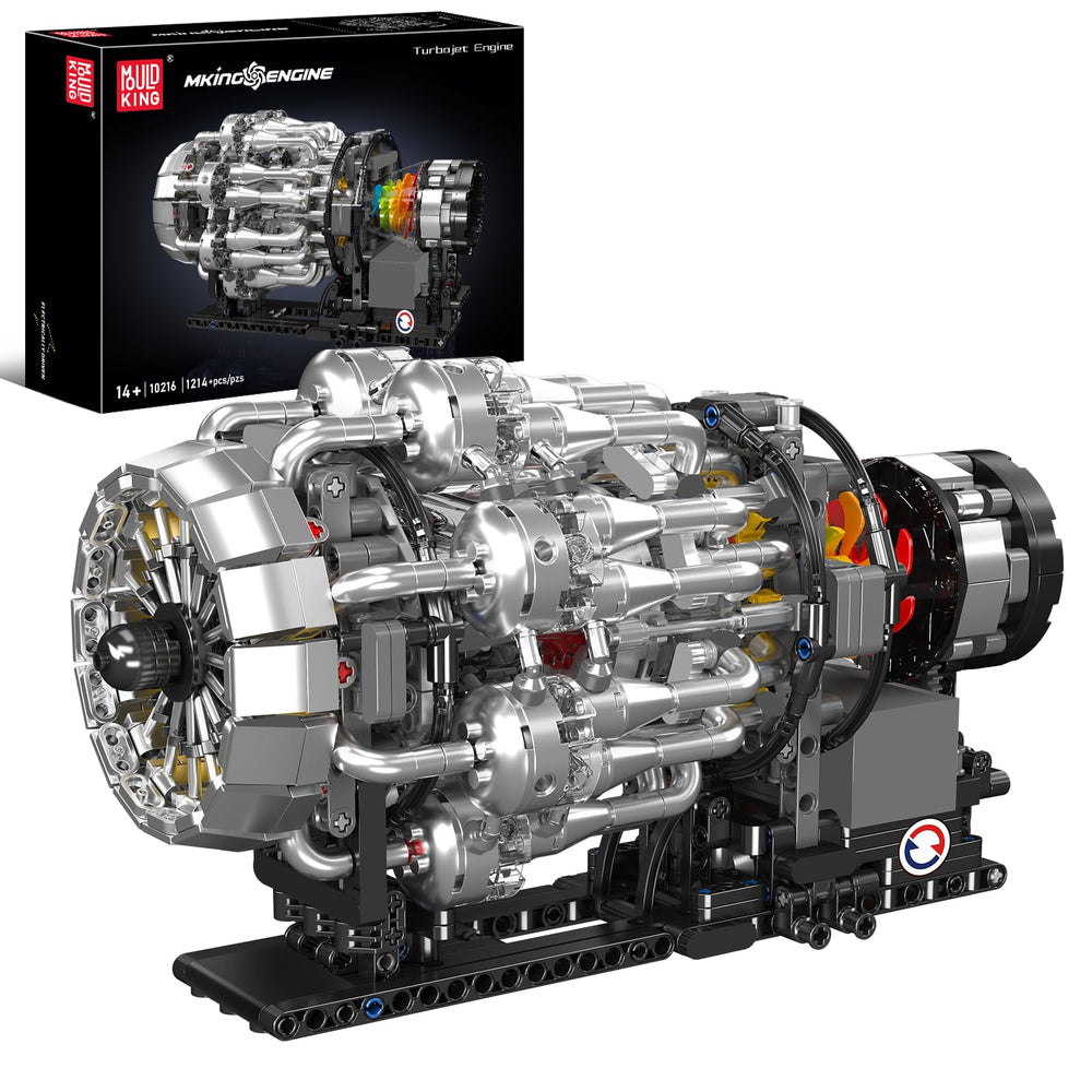 Mould King 10216 turbojet engine kit assembly showing vibrant parts for a smooth build