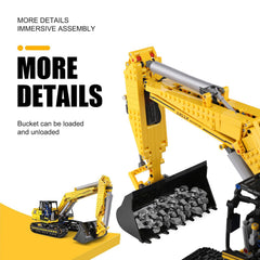 Mould King 13112 RC Excavator wear-resistant tracks across terrain.