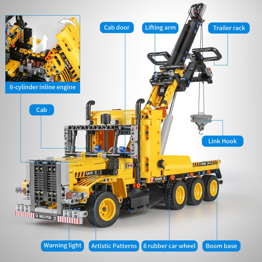 Mould King 17011 tow truck side view highlights extendable features for play.