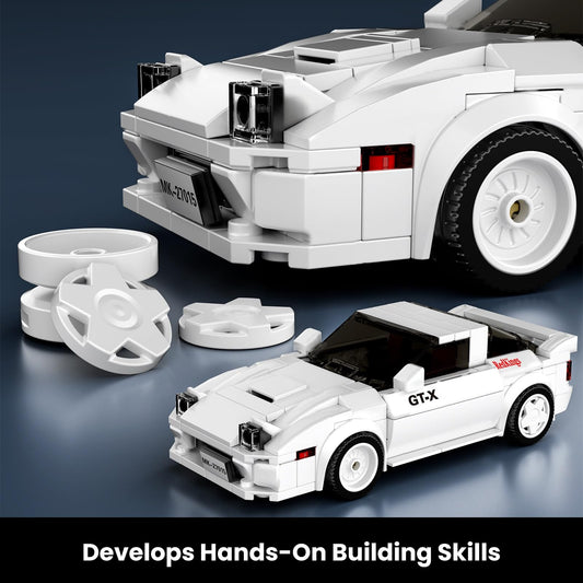 Finished Mould King sports car model on display case ready for desk or shelf.