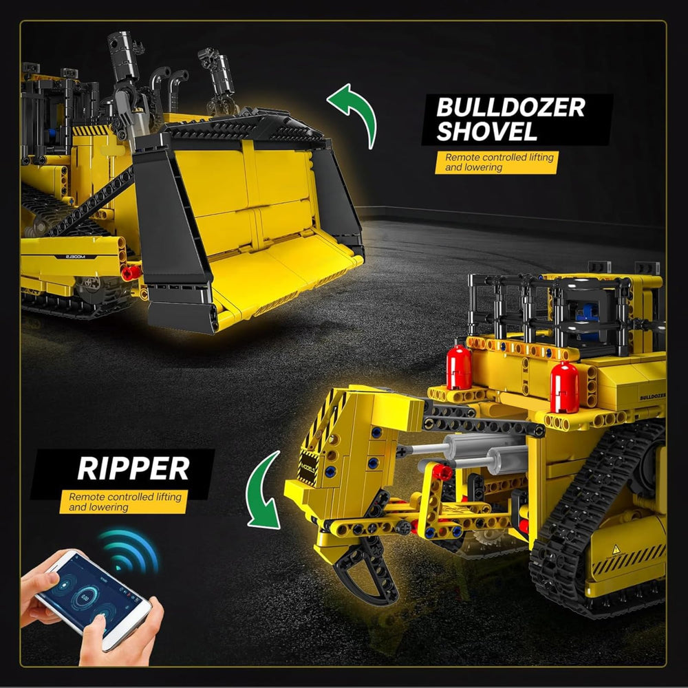 Mould King bulldozer remote-app control enables wireless play and programming.