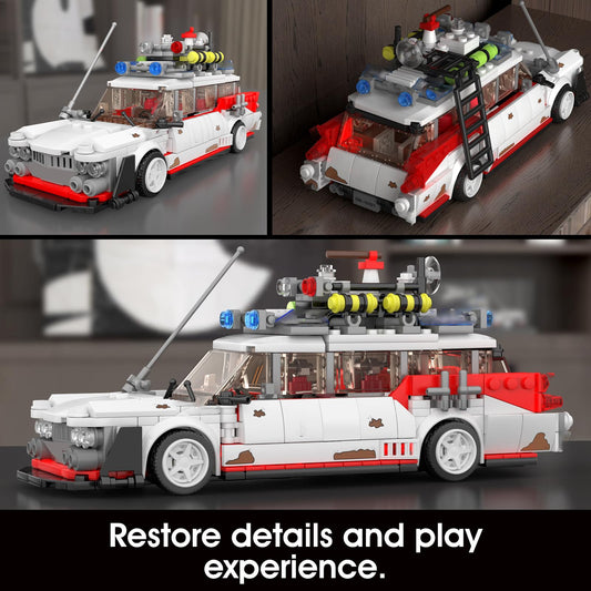 Mould King Ghost Car ECTO-1 detailed stickers enhance authenticity on display