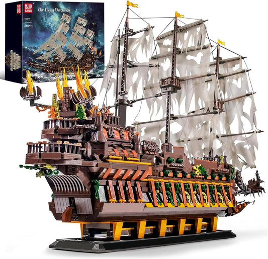 Mould King large pirates ship model assembly close-up for a dramatic display.