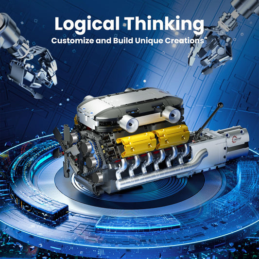 Mould King LB V12 engine assembly process showing step-by-step construction.