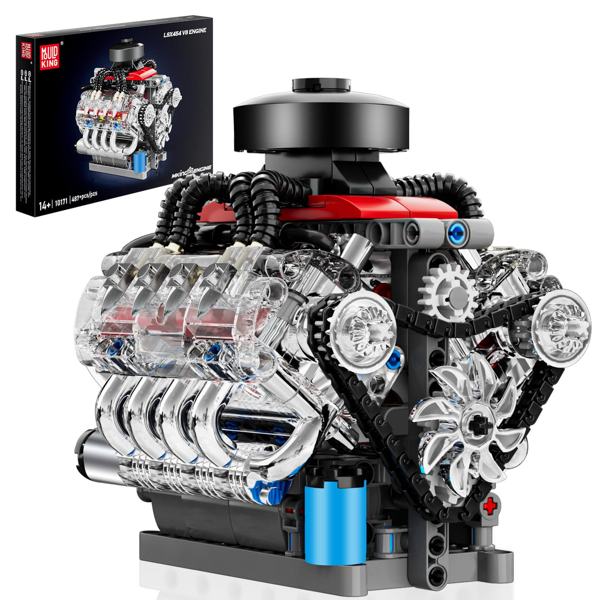 Mould King Mini V8 engine assembly shows clear engine mechanics for hands-on learning.