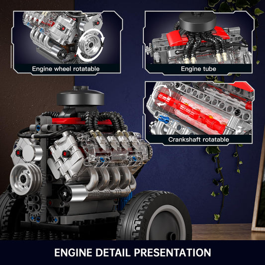Mould King Mini V8 engine transparent cylinder-head reveals inner motion for visual inspection and education.