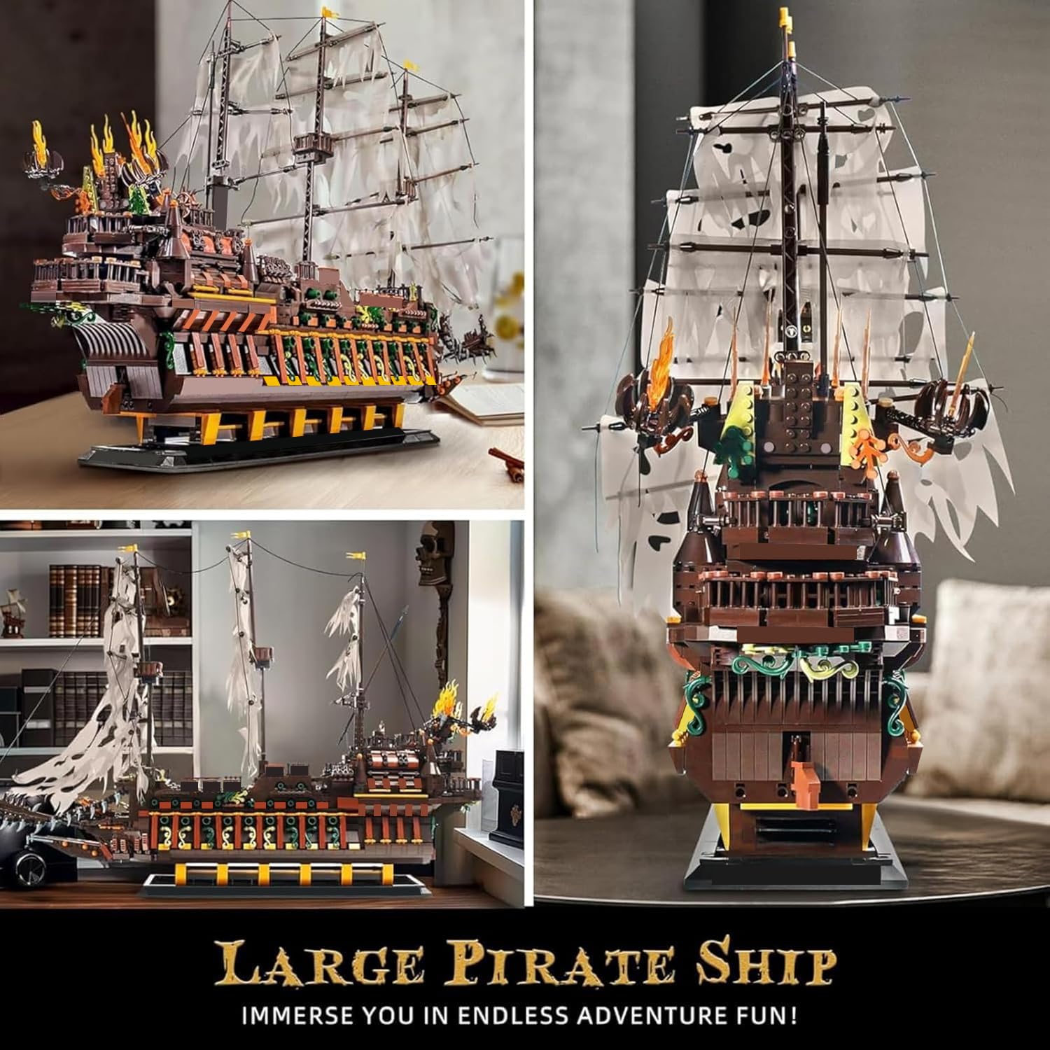 Mould King pirates ship sails and ropes showcase authentic nautical aesthetics.