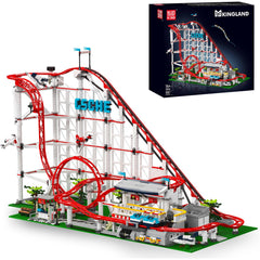 Mould King roller coaster assembly kit with intricate track sections for home display.