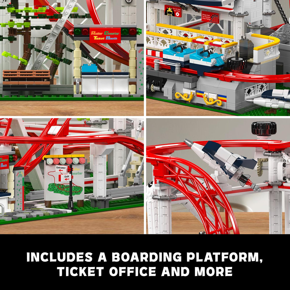 Mould King roller coaster features boarding platform and ticket office for realism.