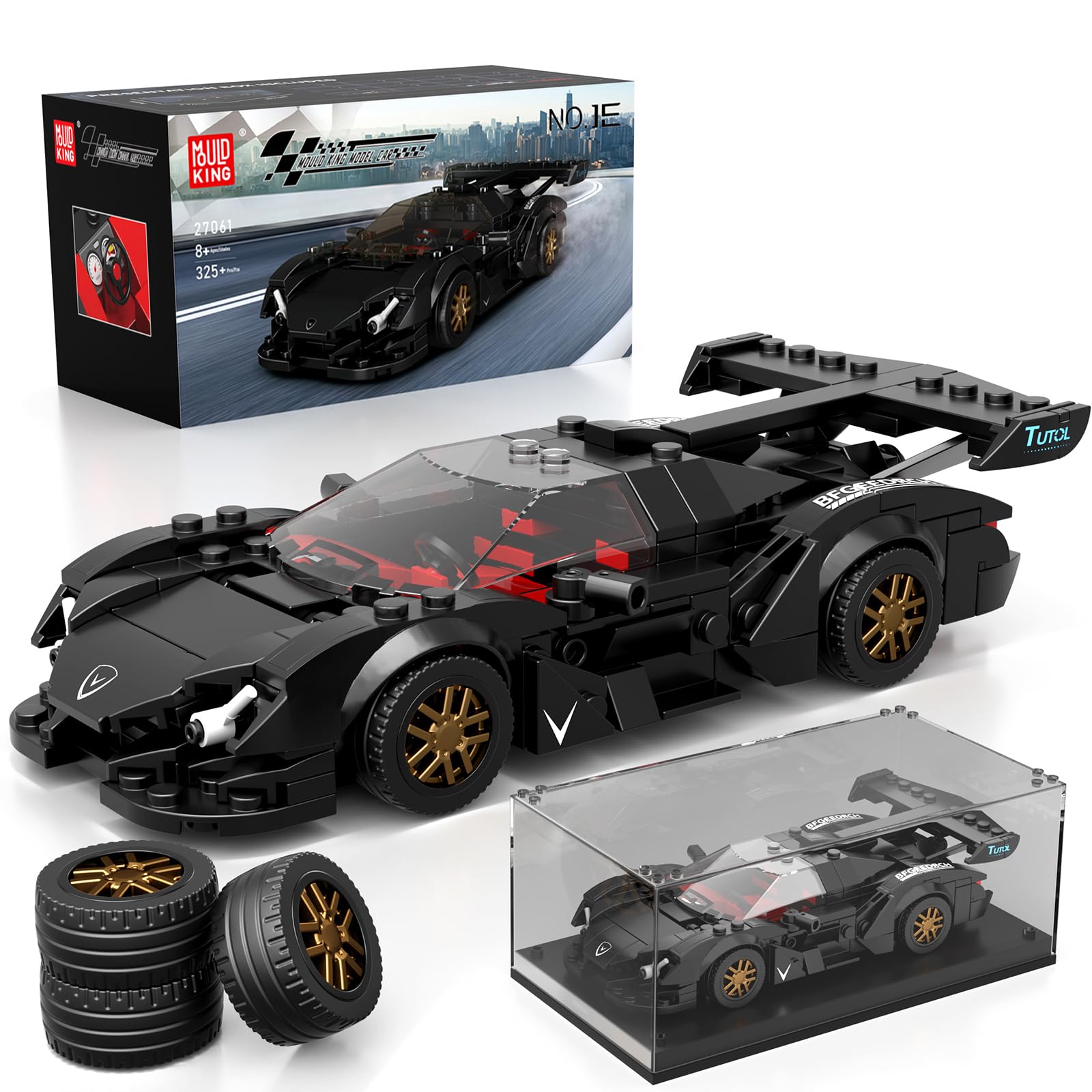 Mould King Super Sports Car display case showcases a sleek black model on a shelf.