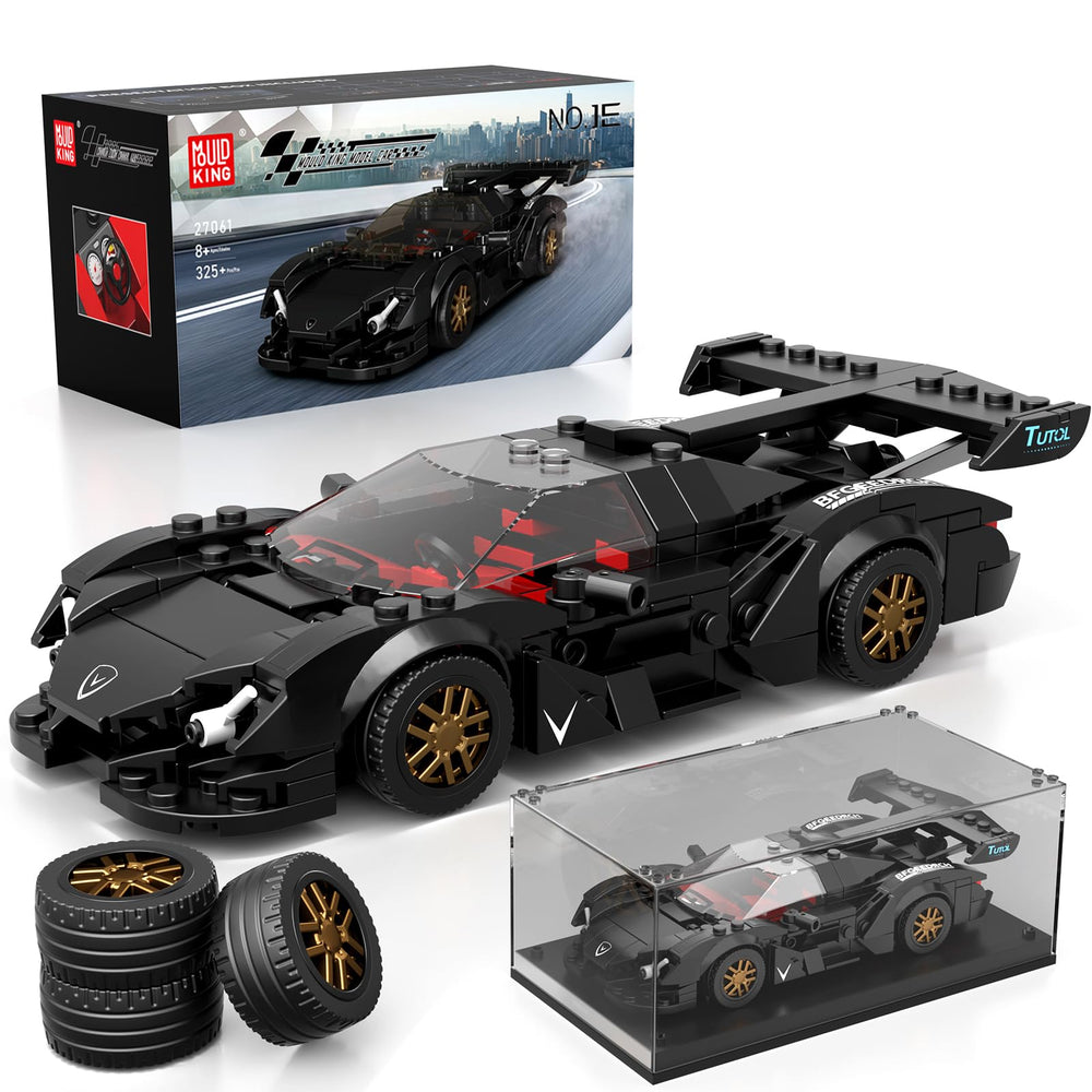 Mould King Super Sports Car display case showcases a sleek black model on a shelf.