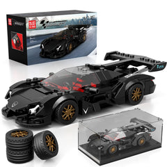 Mould King Super Sports Car display case showcases a sleek black model on a shelf.