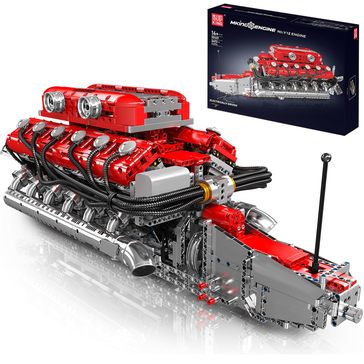 Mould King V12 engine model kit front view for collectors and builders.