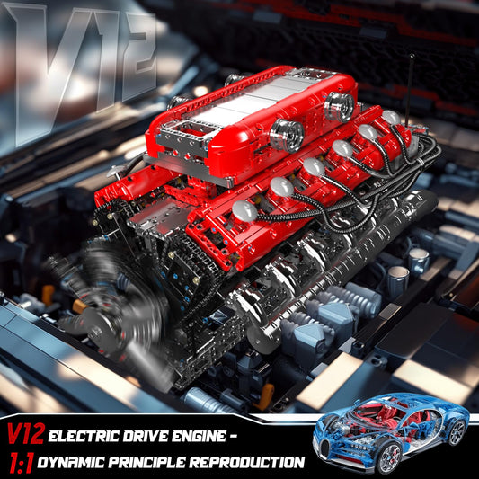 Mould King V12 engine with piston movement demonstrating realistic action.