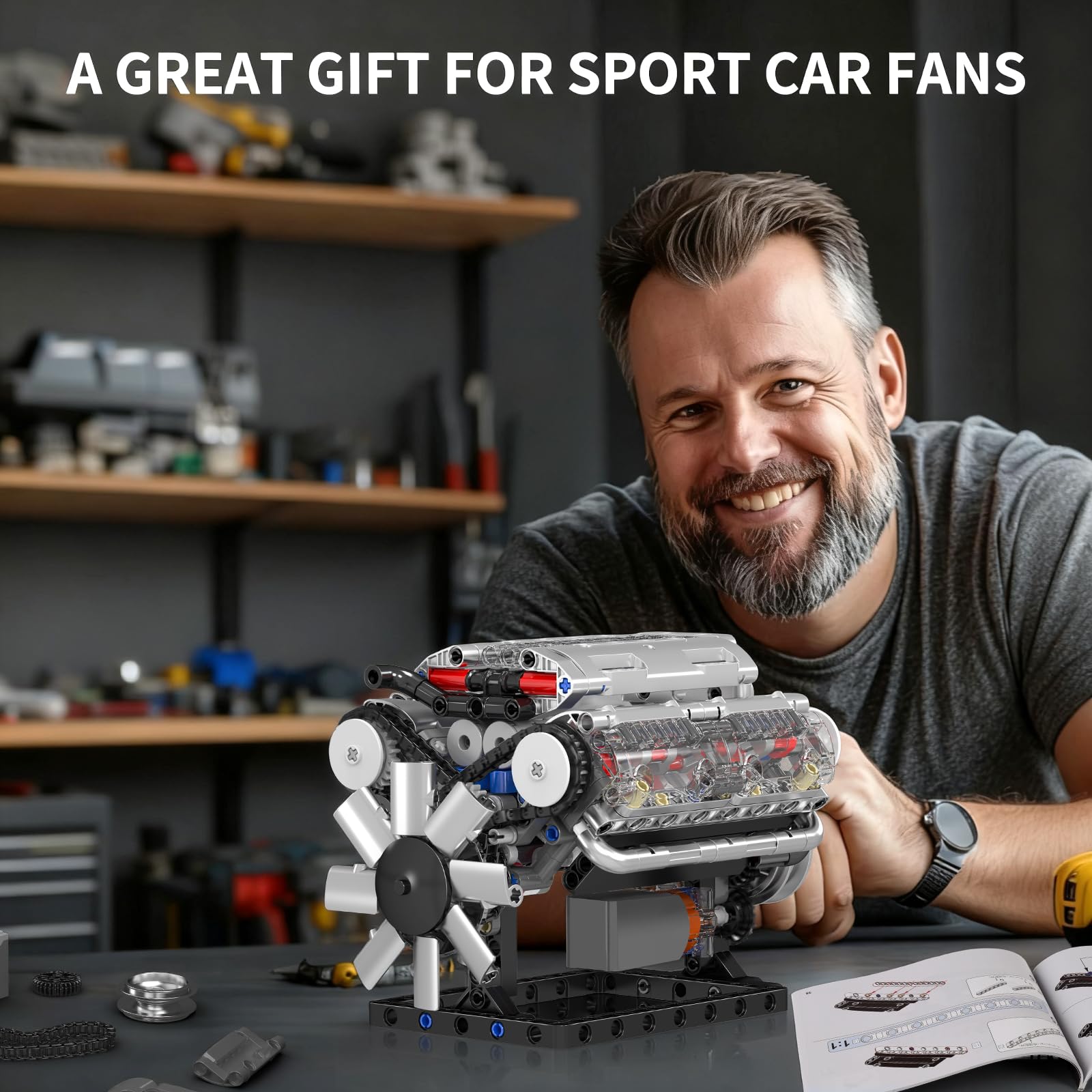 Mould King V8 engine turbocharger detail adds realism to build