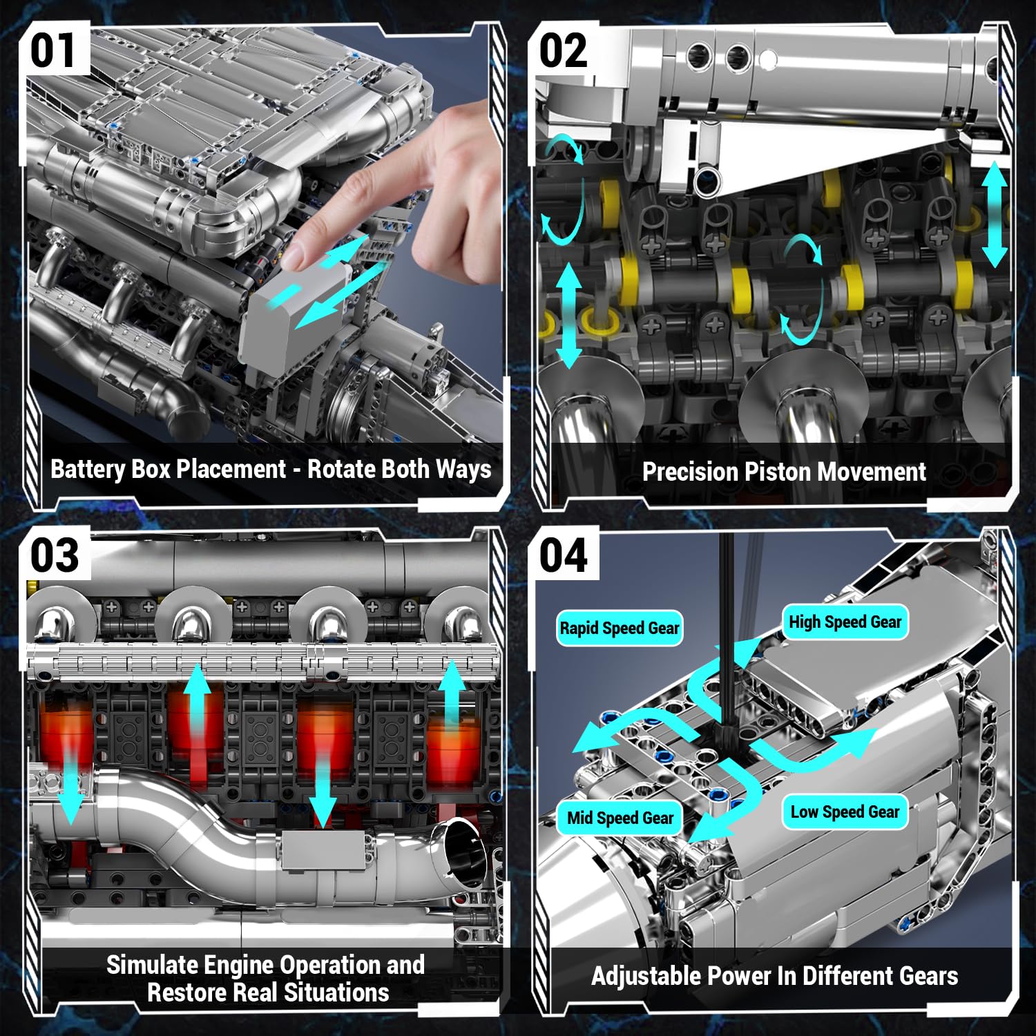 Mould King V8 twin turbo engine exhaust system for authentic engine detail