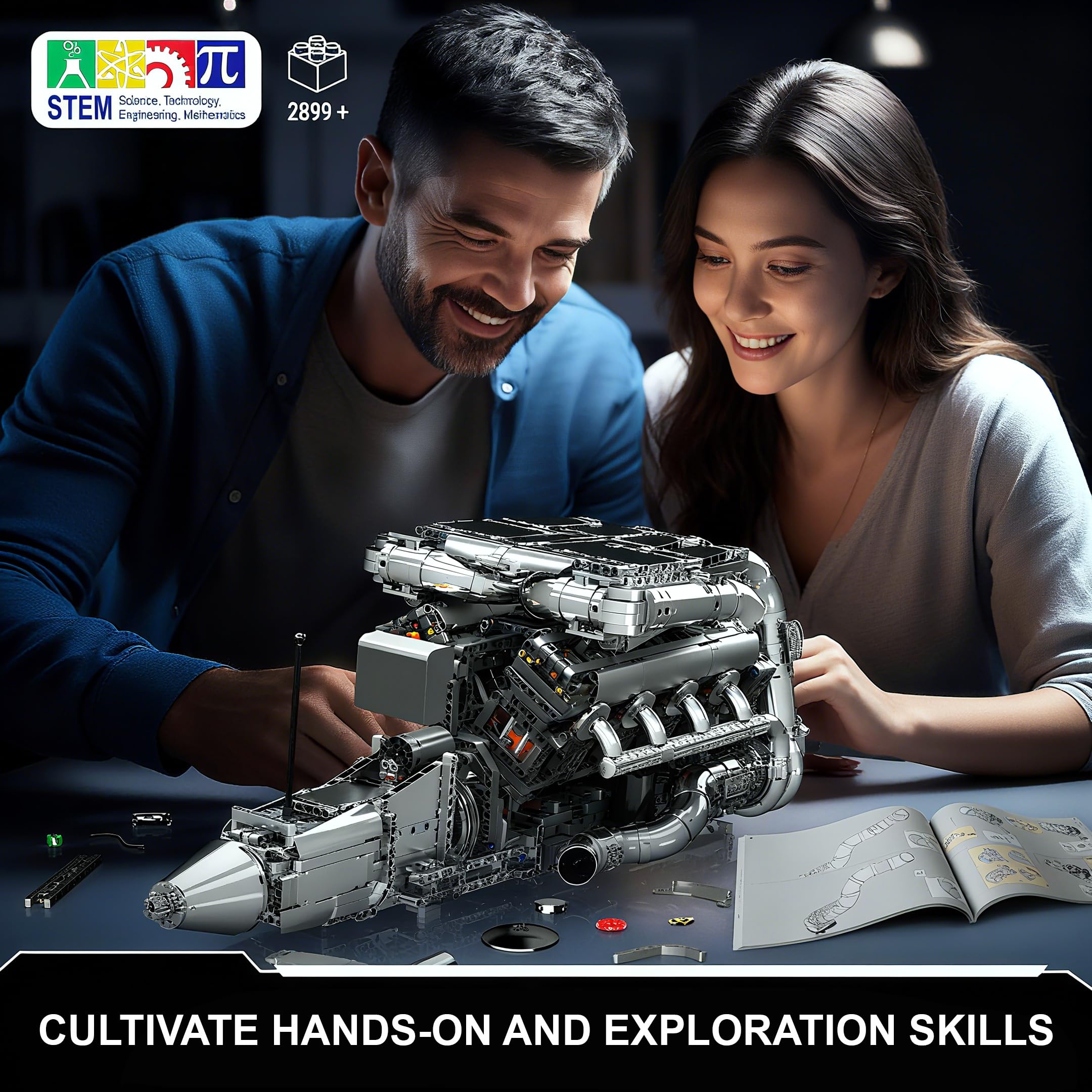 Mould King V8 twin turbo engine model instruction book for clear steps