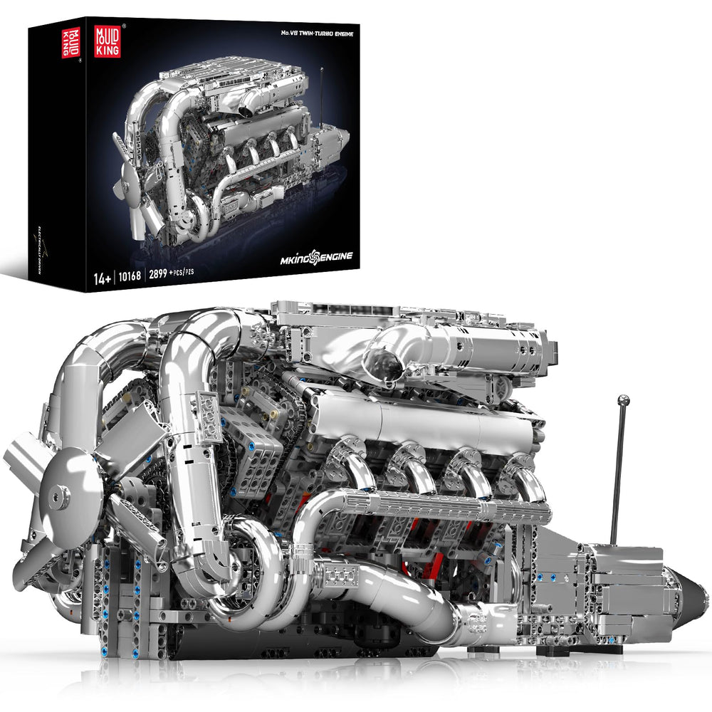 Mould King V8 Twin-Turbo engine model kit assembly shows intricate brickwork for display