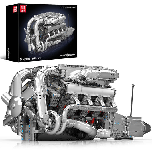 Mould King V8 Twin-Turbo engine model kit assembly shows intricate brickwork for display