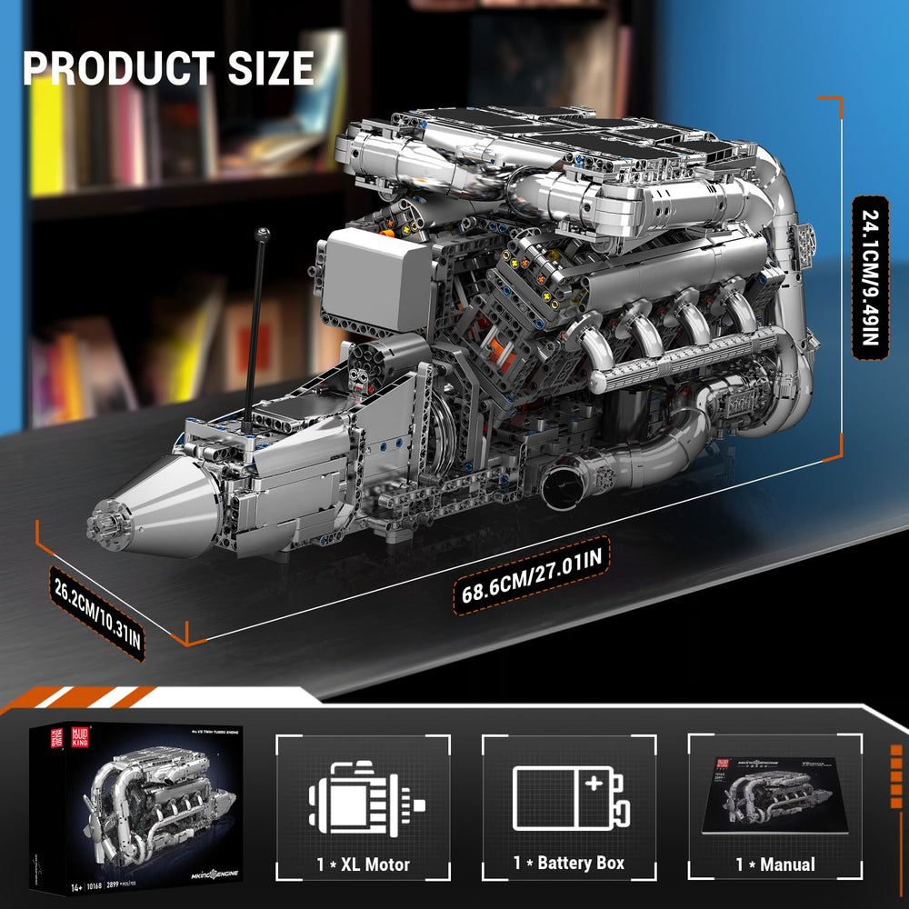 Mould King V8 twin turbo engine model parts pack emphasizing burr free build