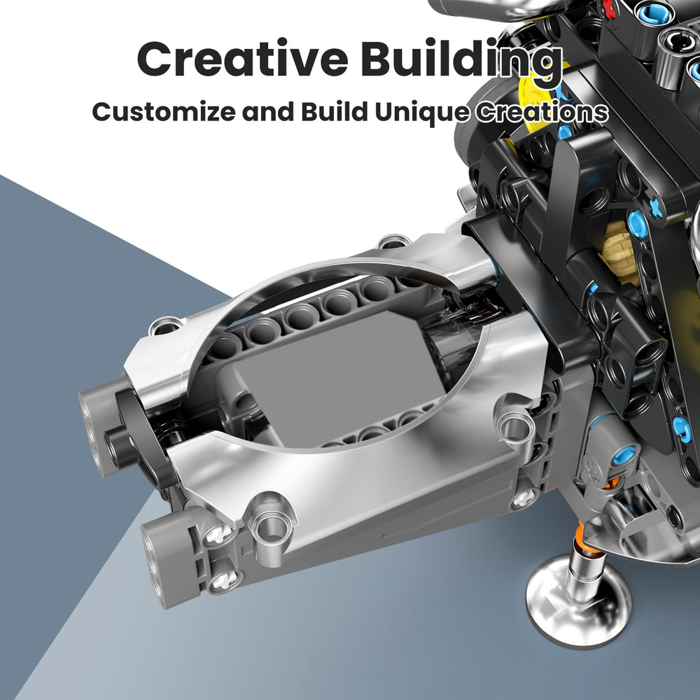Mould King W16 engine assembled dimensions provide space planning reference.