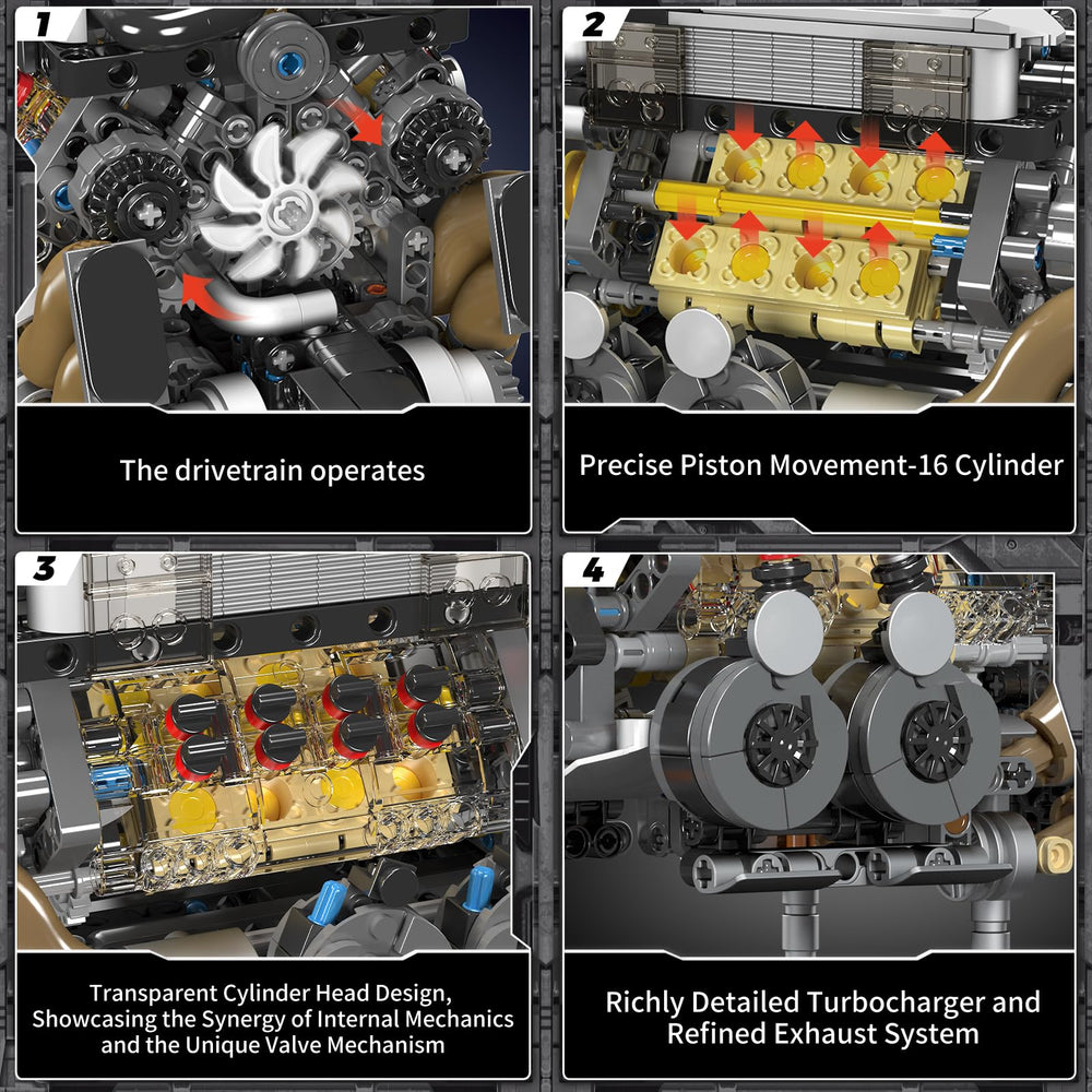 Mould King W16 engine shows piston movement and turbo detail for tactile learning