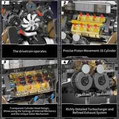 Mould King W16 engine shows piston movement and turbo detail for tactile learning