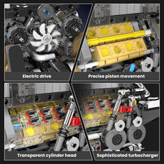 Mould King W16 engine transmission-turbocharger view highlights drivetrain details.