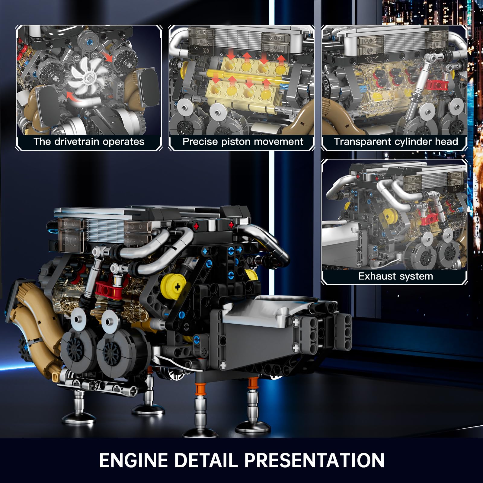 Mould King W16 engine with transparent cylinder head reveals internal mechanics.