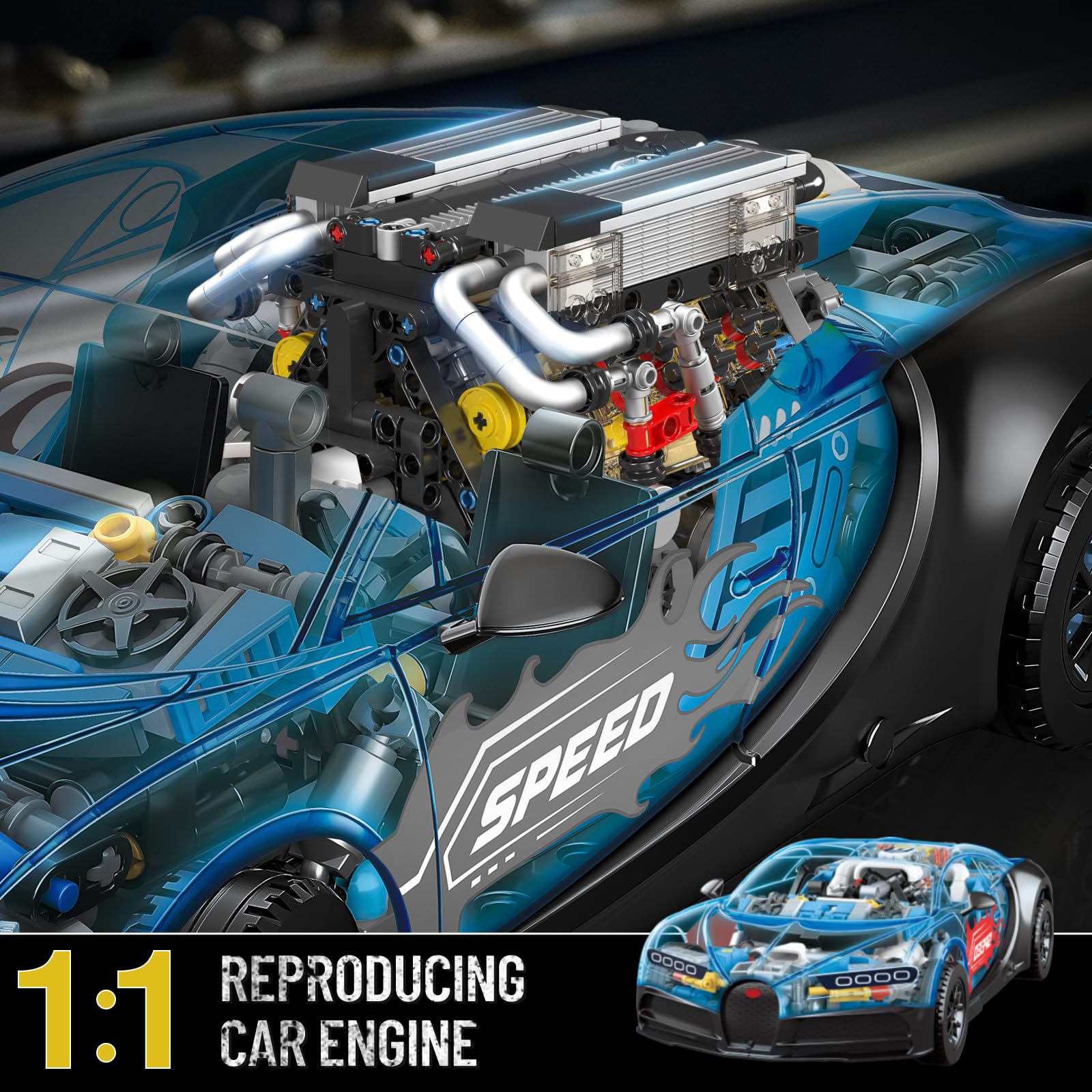 Mould King W16 engine transparent cylinder head view reveals valve mechanics