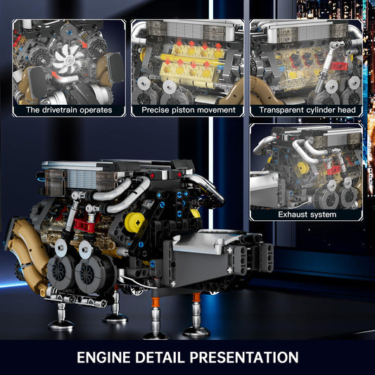 Mould King W16 engine with transparent cylinder head reveals internal mechanics.