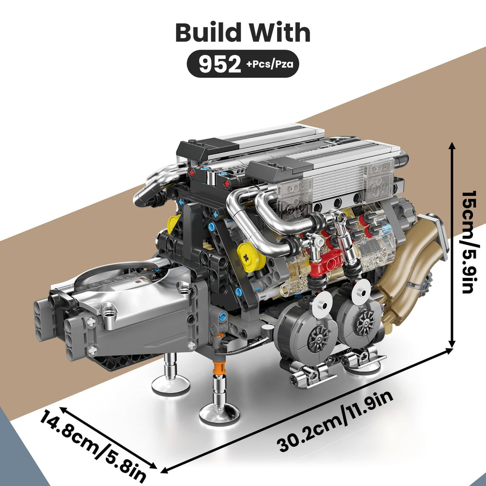 Mould King W16 engine transparent cylinder head reveals internal gears and flow.