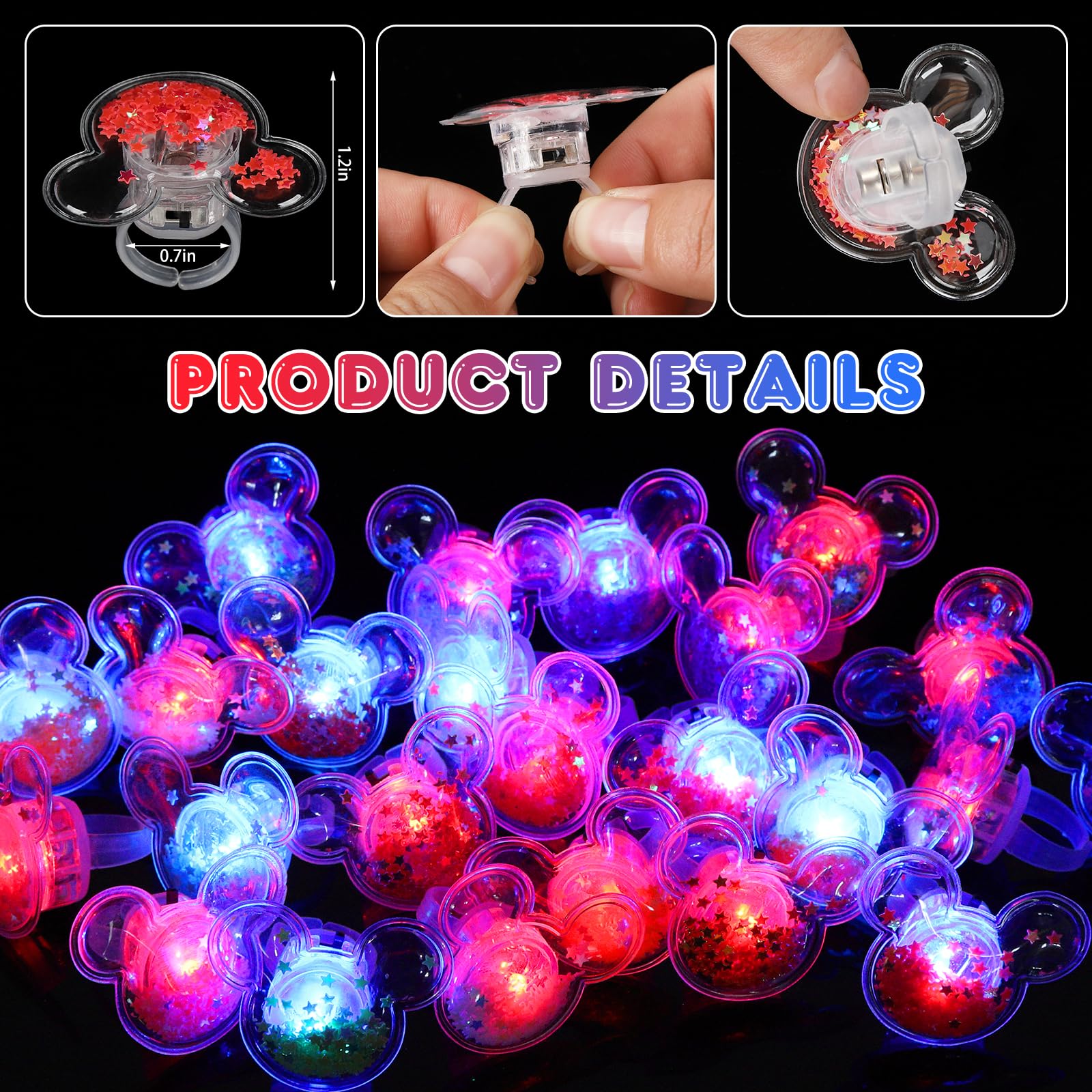 Close-up of Mouse Party Favors LED rings with glitter finish