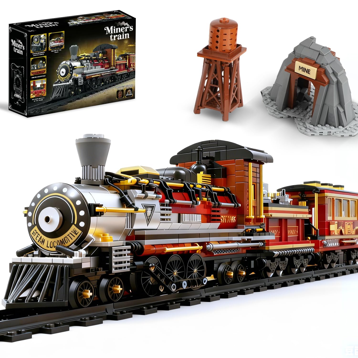 Mov Stone Western Mining steam train front view highlighting bold red-and-gold styling for display