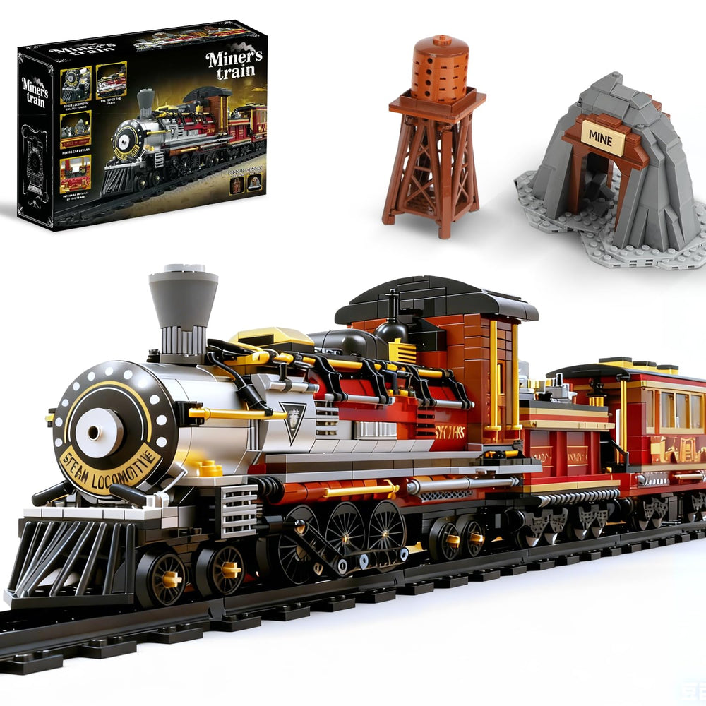 Mov Stone Western Mining steam train front view highlighting bold red-and-gold styling for display