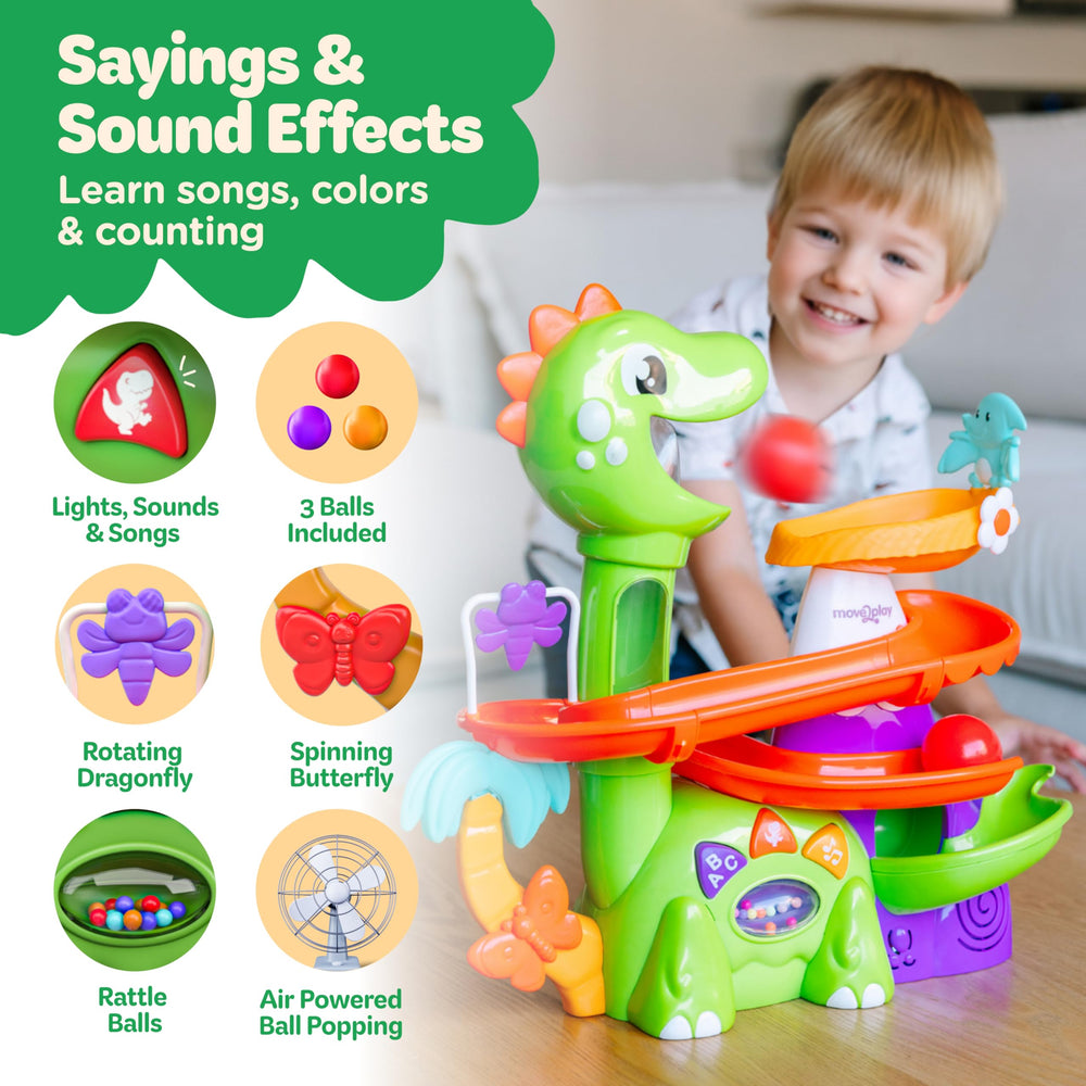 Move2Play dino spin spinners with colorful lights encourage coordination and color recognition.