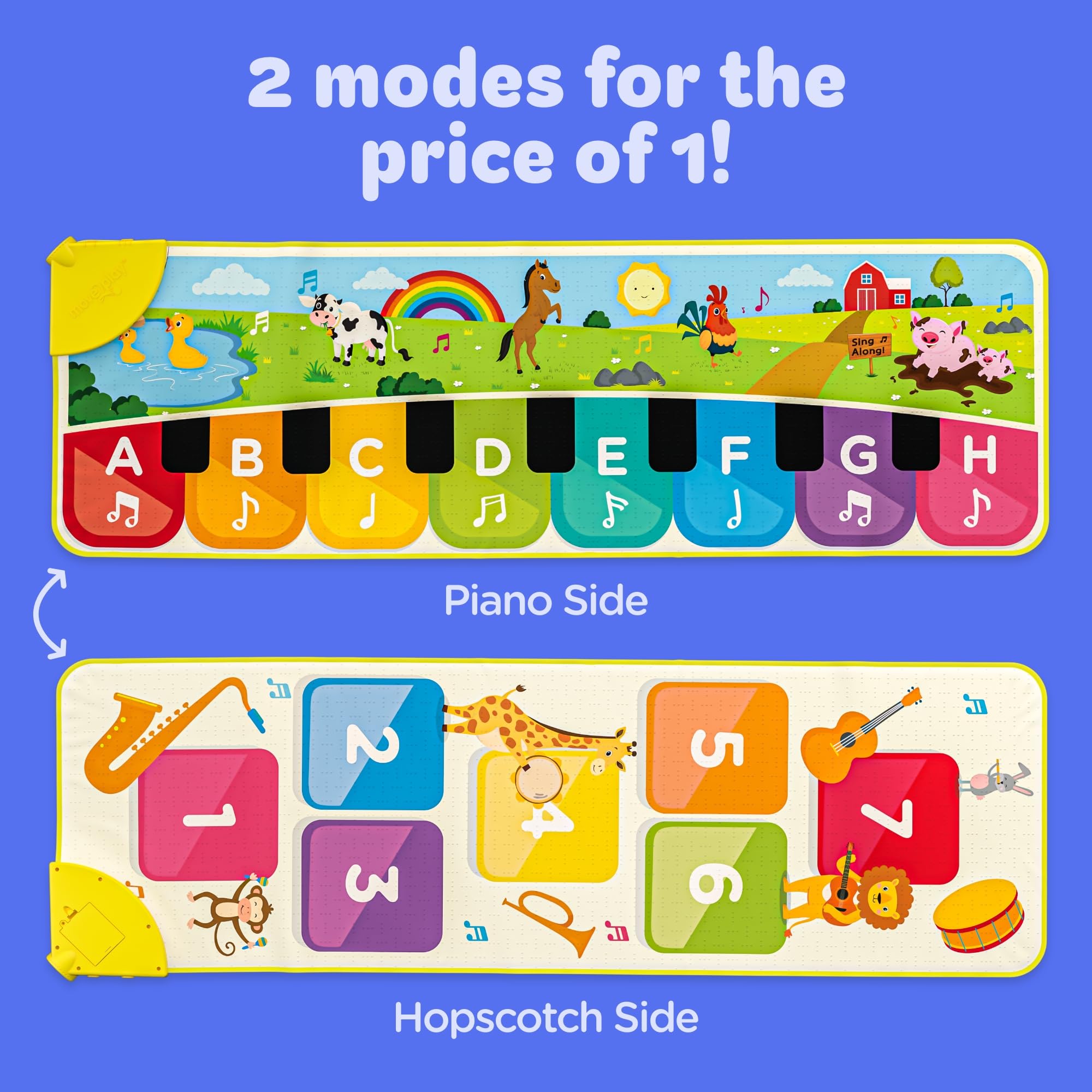 Move2Play double-sided mat, hopscotch side, encourages active play.